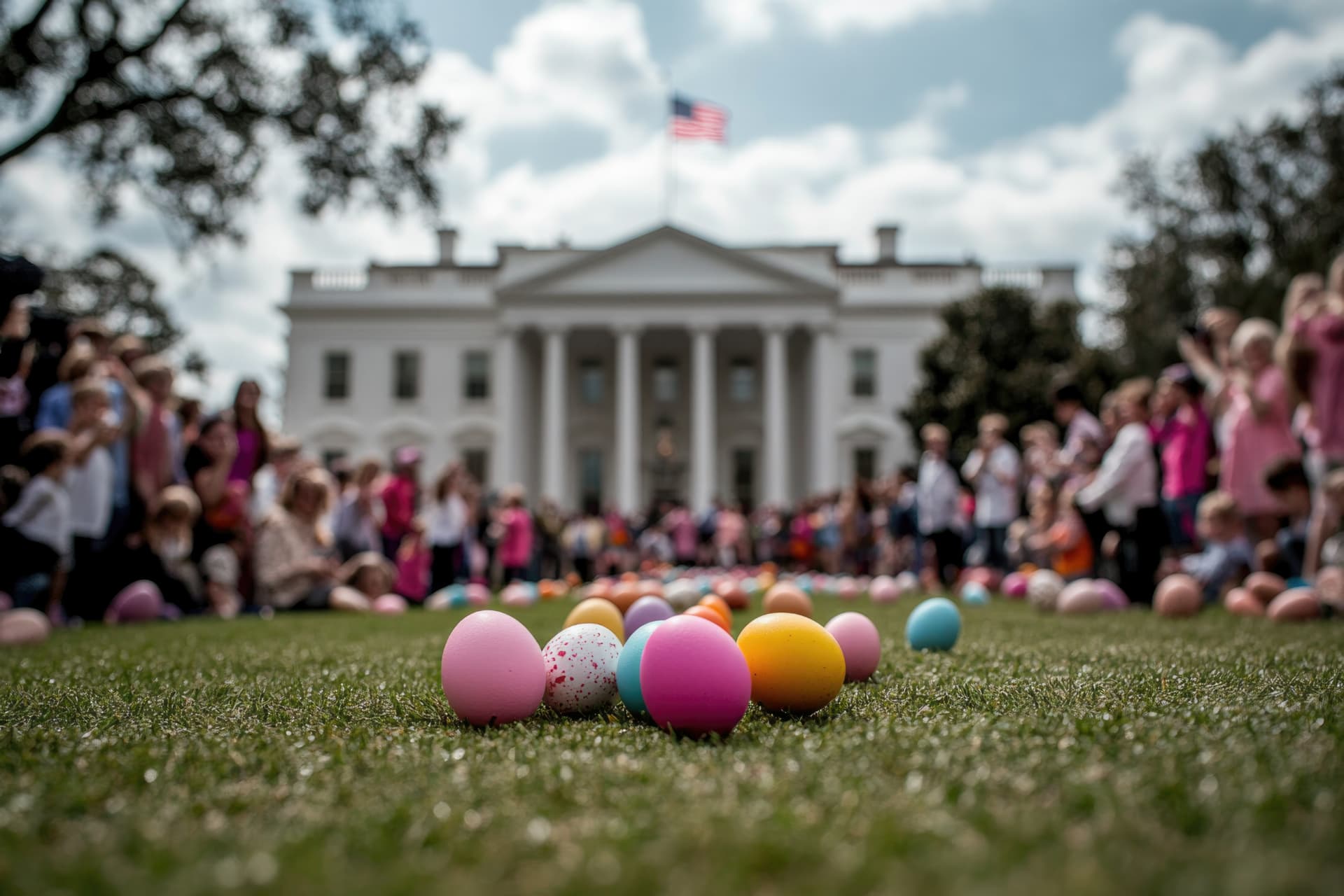 Colorful Easter eggs on the White House lawn with families gathered for the Easter Egg Roll
