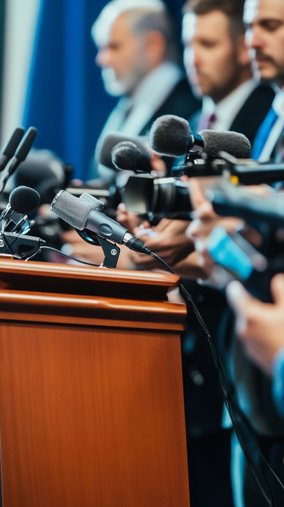 Microphones and reporters at a press conference