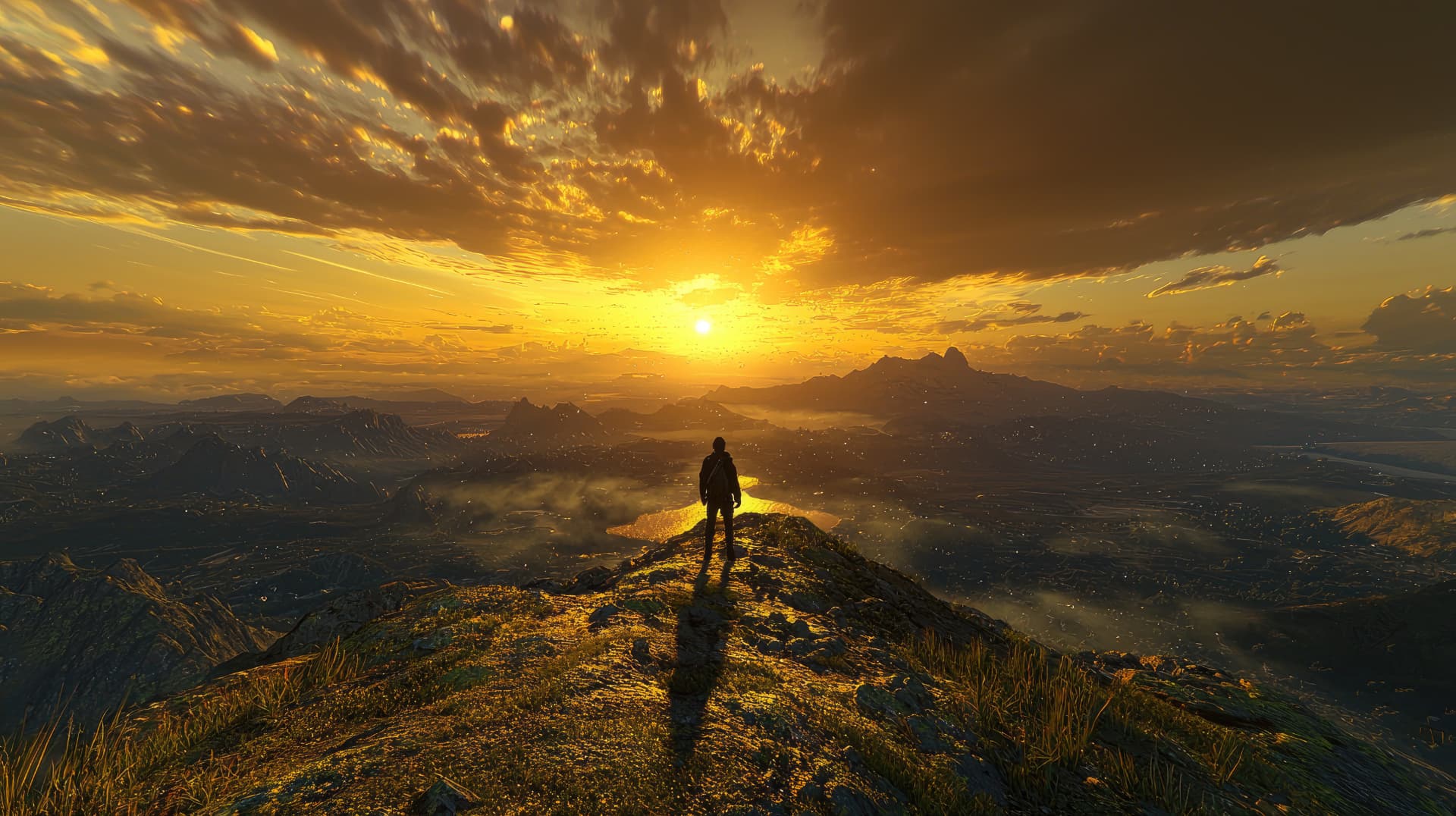 A hiker silhouetted on a mountain summit at sunrise overlooking distant peaks